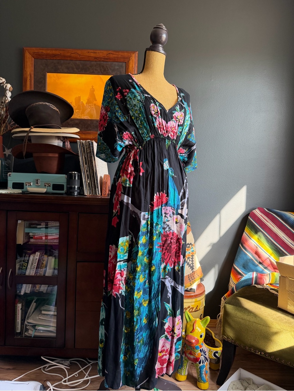 Boho Floral Maxi Dress in Black with Multicolor Blooms